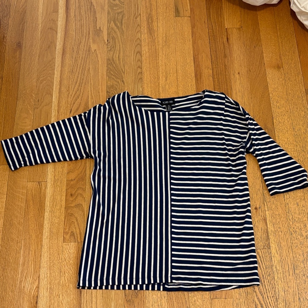 Ronen Chen Navy and White Striped Short Sleeve Top